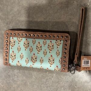 Ariat Cactus Pattern Wristlet in Brown and Teal
